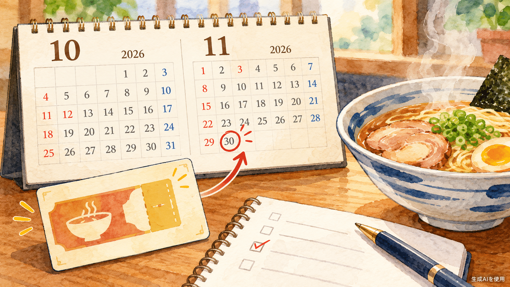 天一の日2026のクーポン利用期間をカレンダーで表す水彩画