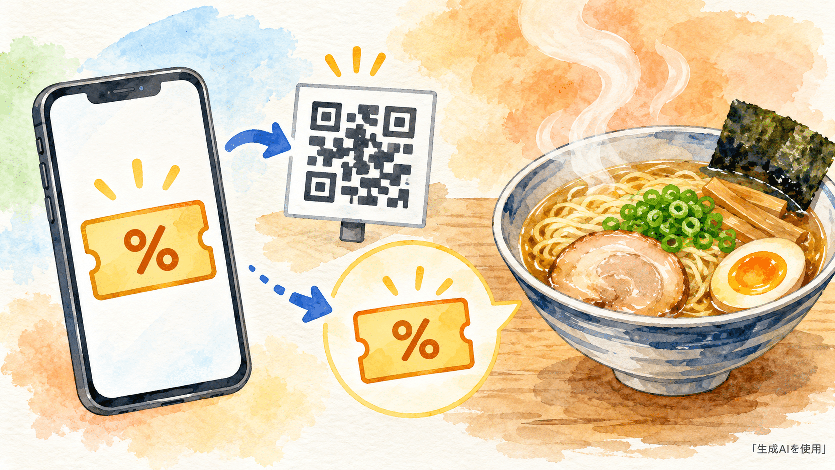 公式アプリでラーメン無料クーポンを受け取る流れを表す水彩画