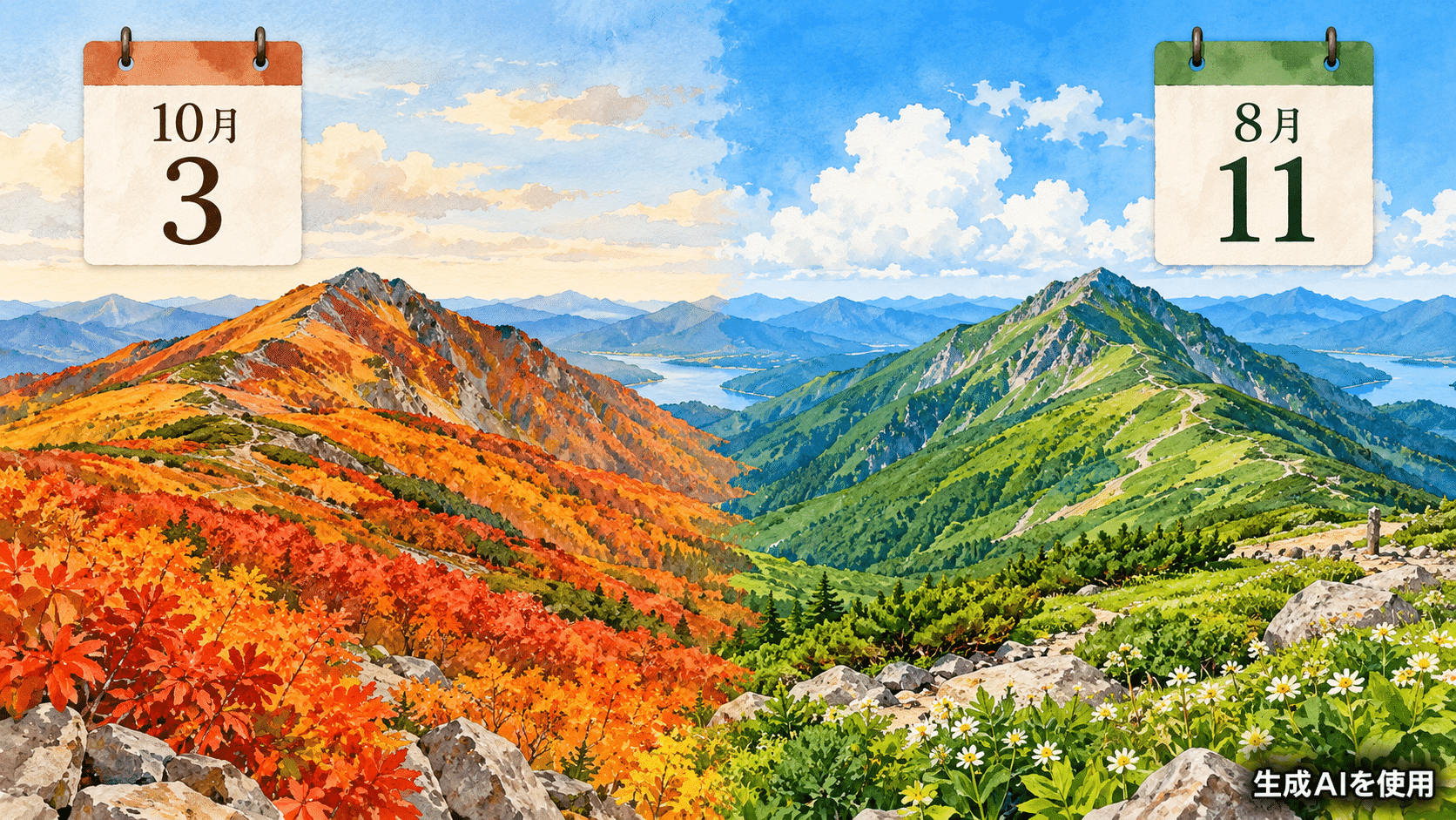 10月3日の登山の日と8月11日の山の日を比較する水彩画風イラスト