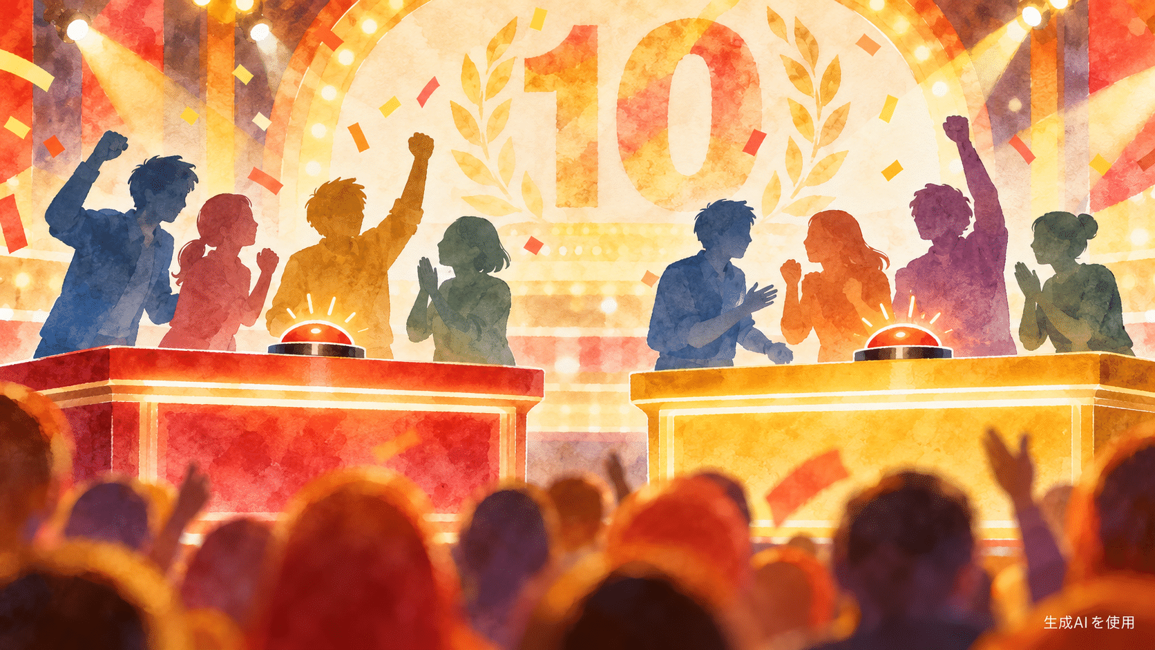 10周年のクイズイベント会場を表す水彩画風イラスト