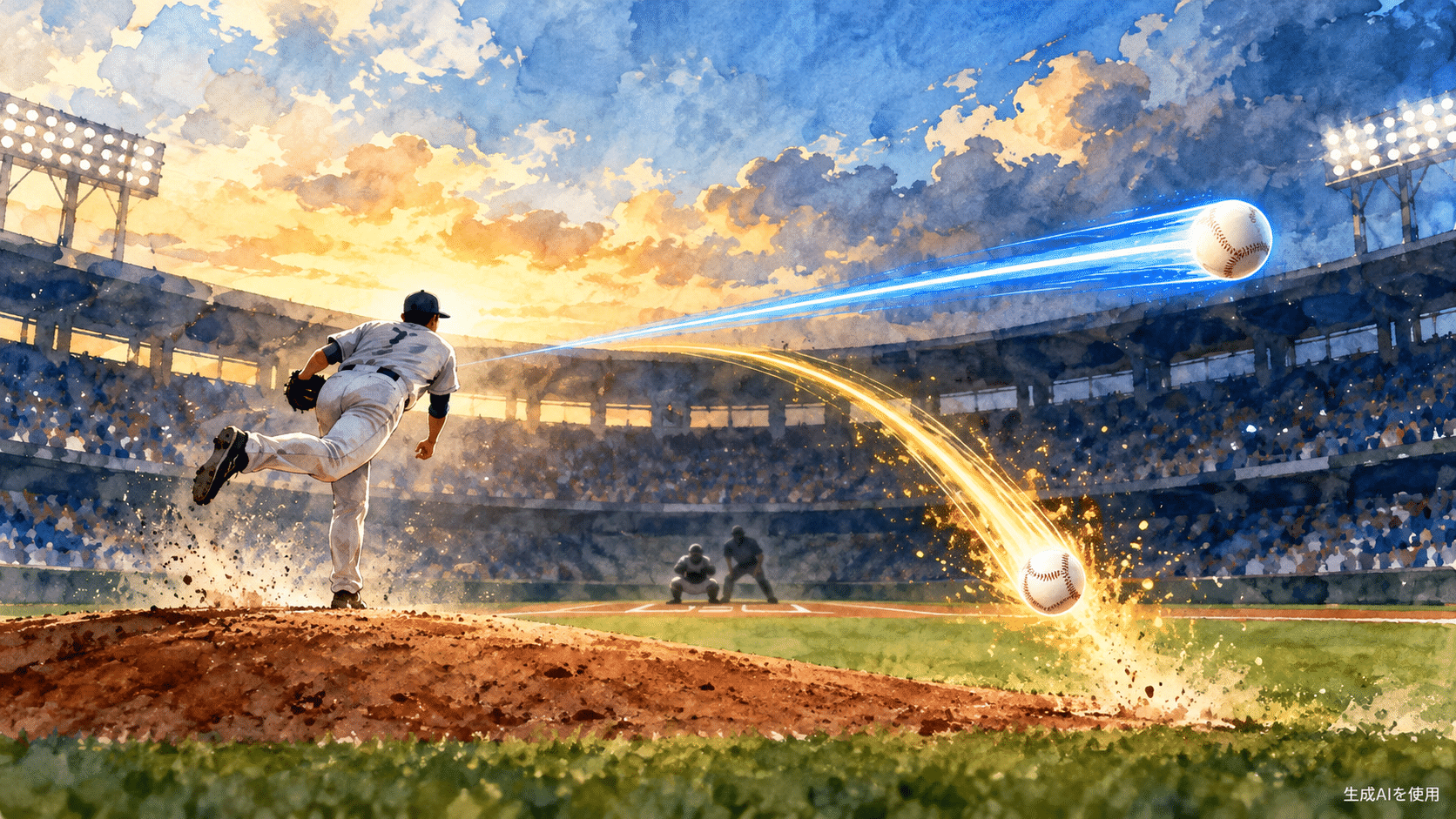 速球とスプリットの軌道を描いた水彩画風の野球イラスト