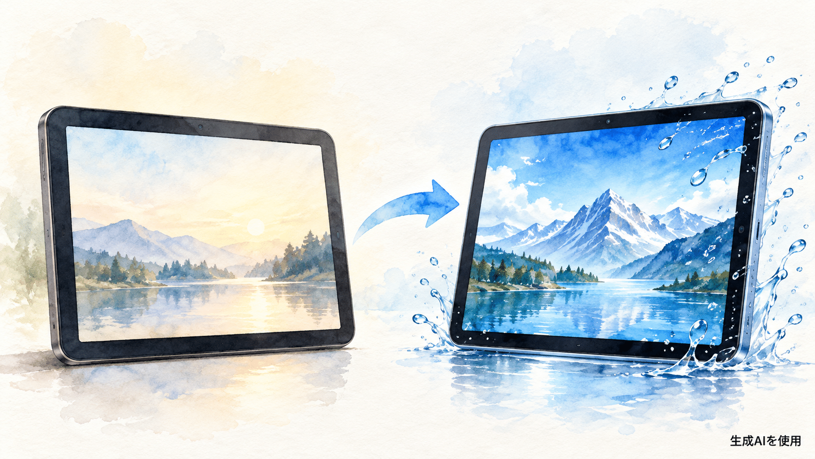 新旧の小型タブレットの画面と耐水性の違いを示す16対9の水彩画風イラスト