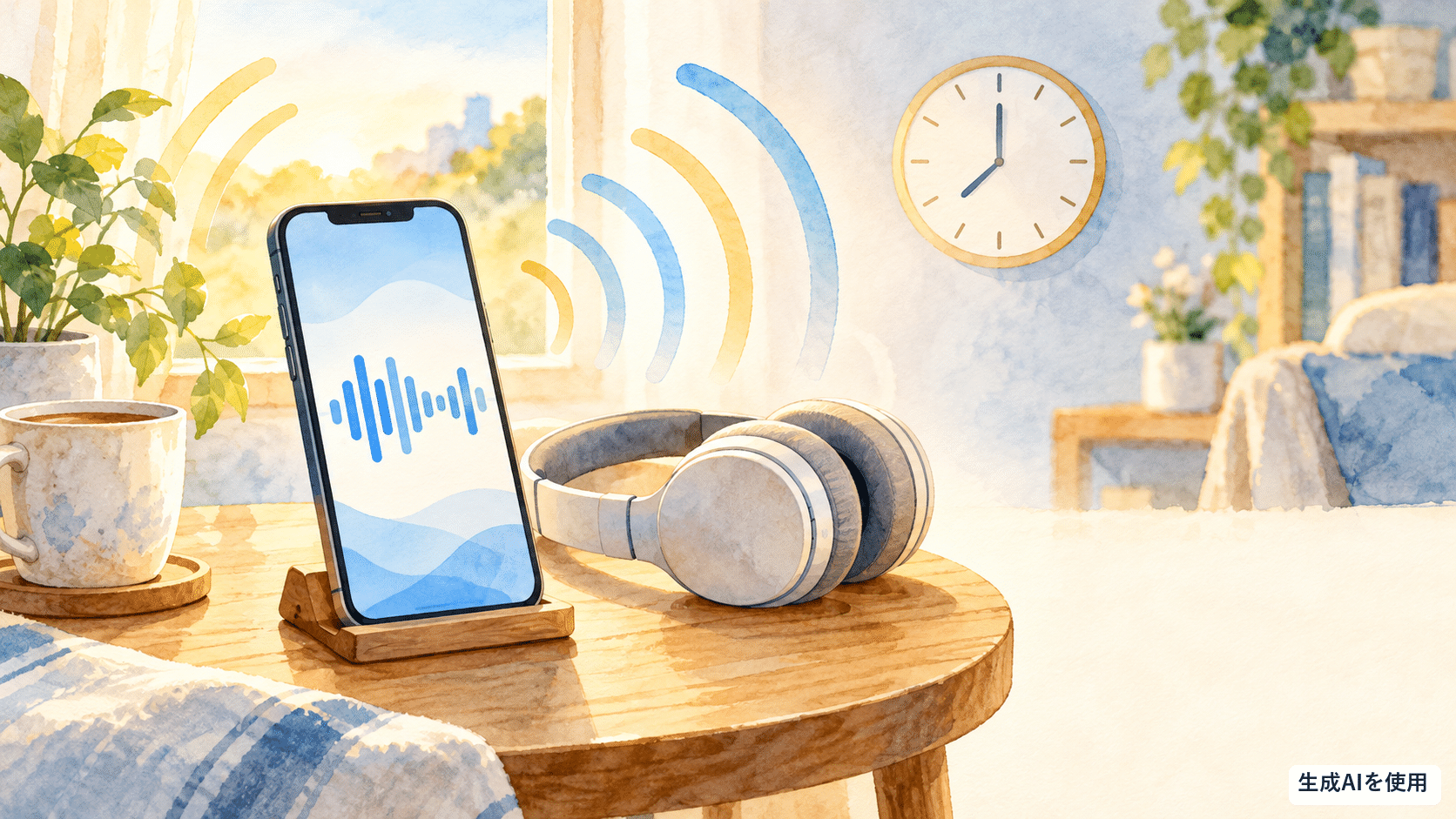 スマートフォンとヘッドホンでradikoの聞き逃し聴取を表す水彩画風イラスト