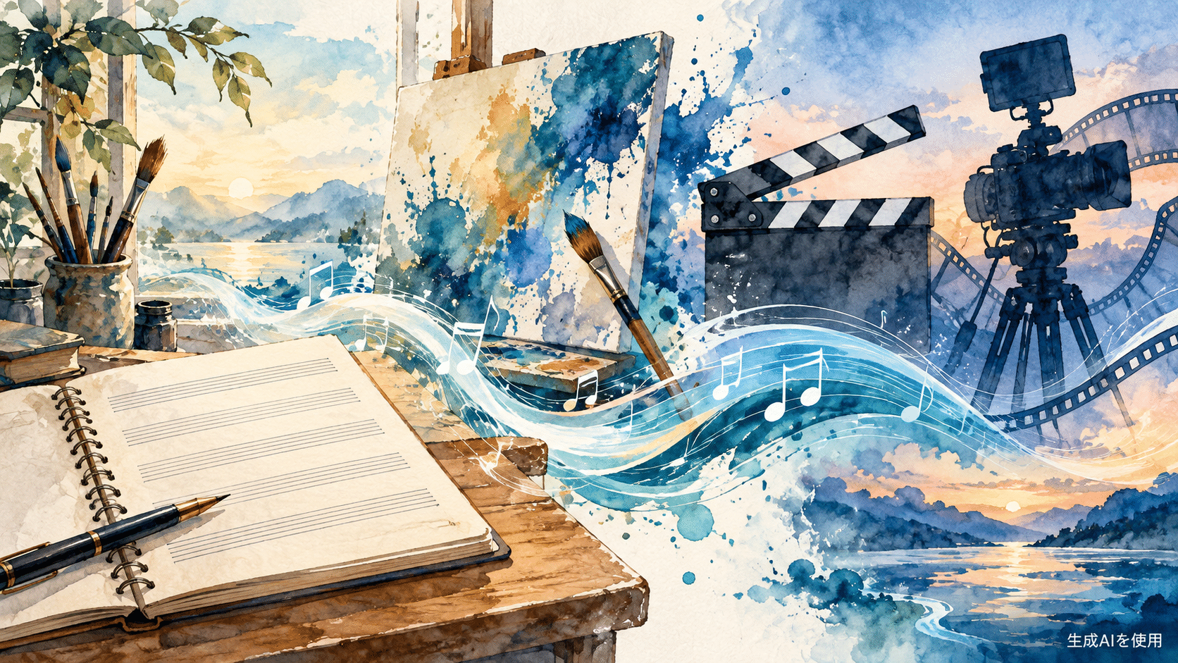 作詞作曲・アートワーク・映像制作の流れを表現した水彩画風イラスト