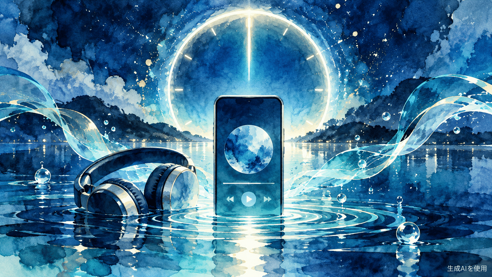 深夜0時のデジタル音楽配信を表現した水彩画風イラスト