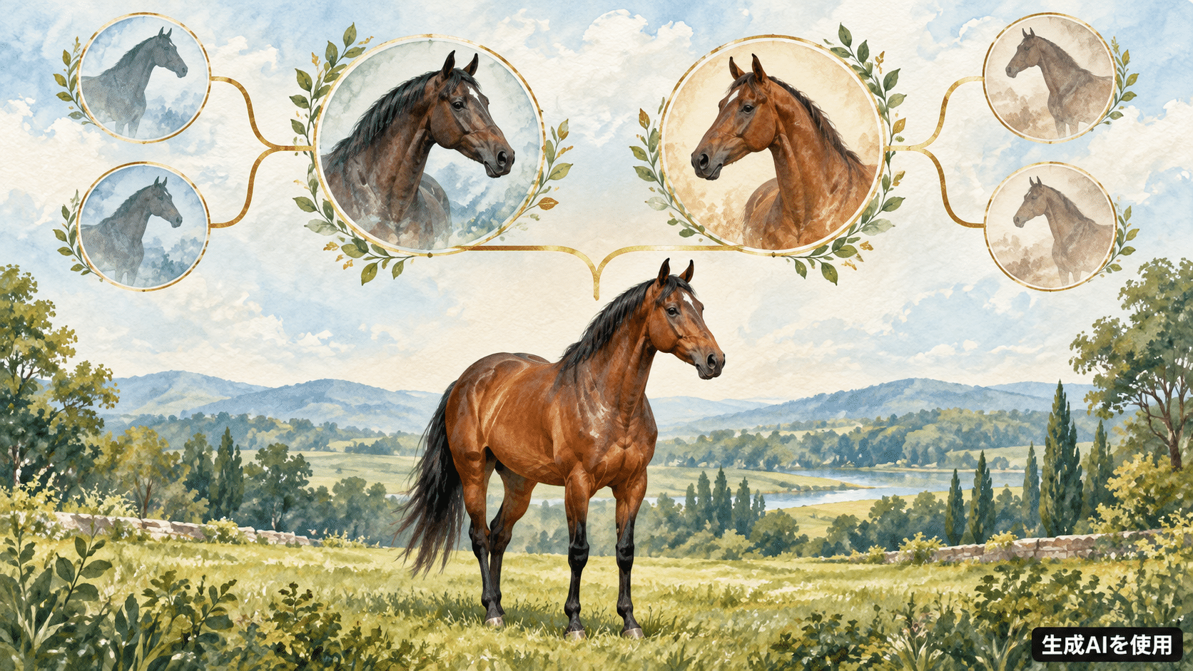 カムニャックの父母と祖先のつながりを表す水彩画風の架空競走馬血統図