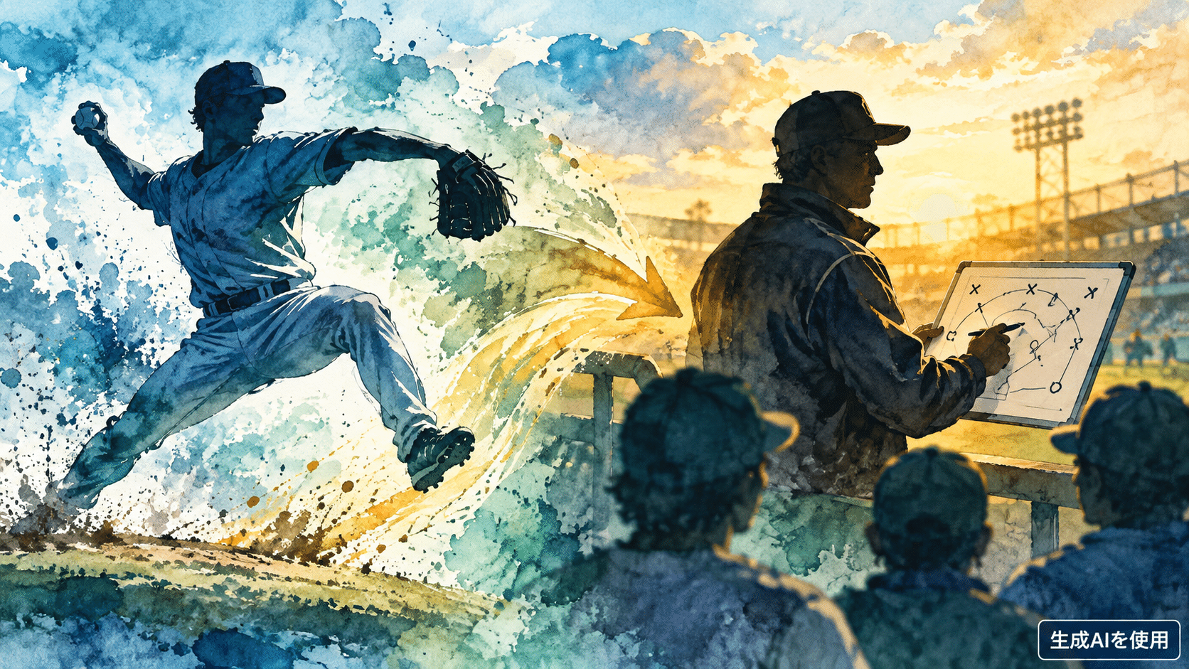 投手から監督へ続く野球人生を表す水彩画風イラスト