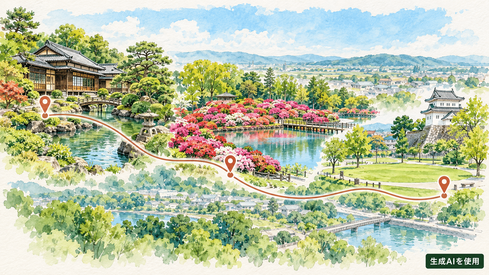 名探偵津田第4弾の館林市内ロケ地3か所を結ぶ水彩画風ルート
