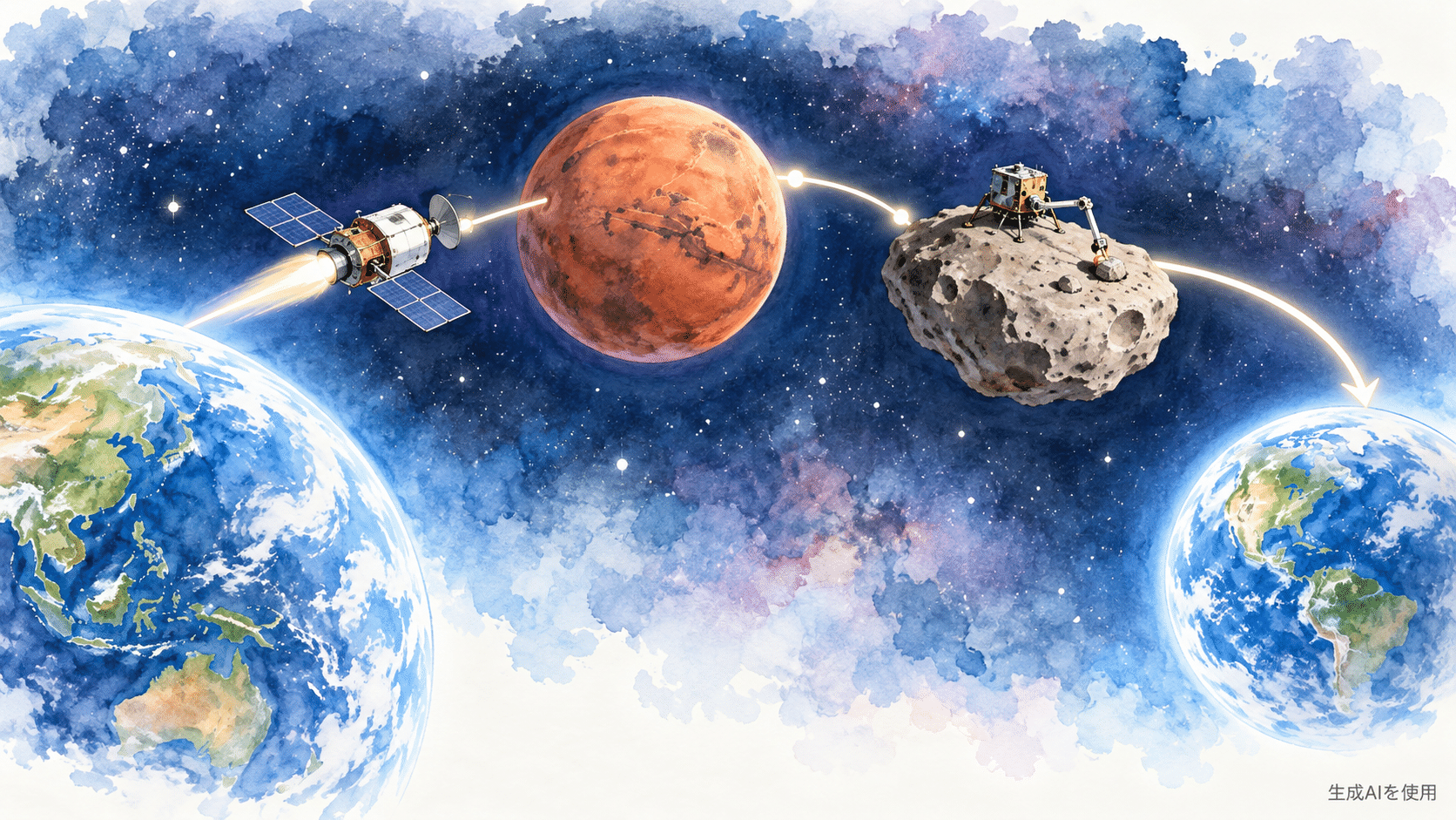 MMXが地球から火星とフォボスを経て帰還する行程を描いた水彩画風イラスト