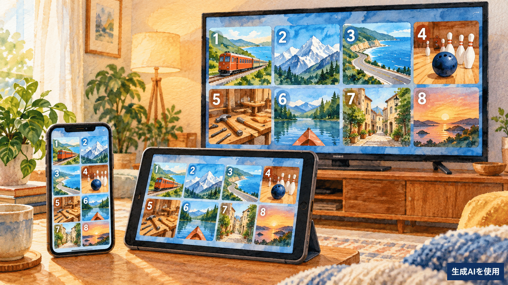 なにナチュ2全8話をスマホ・タブレット・テレビで見る場面の水彩画風イラスト