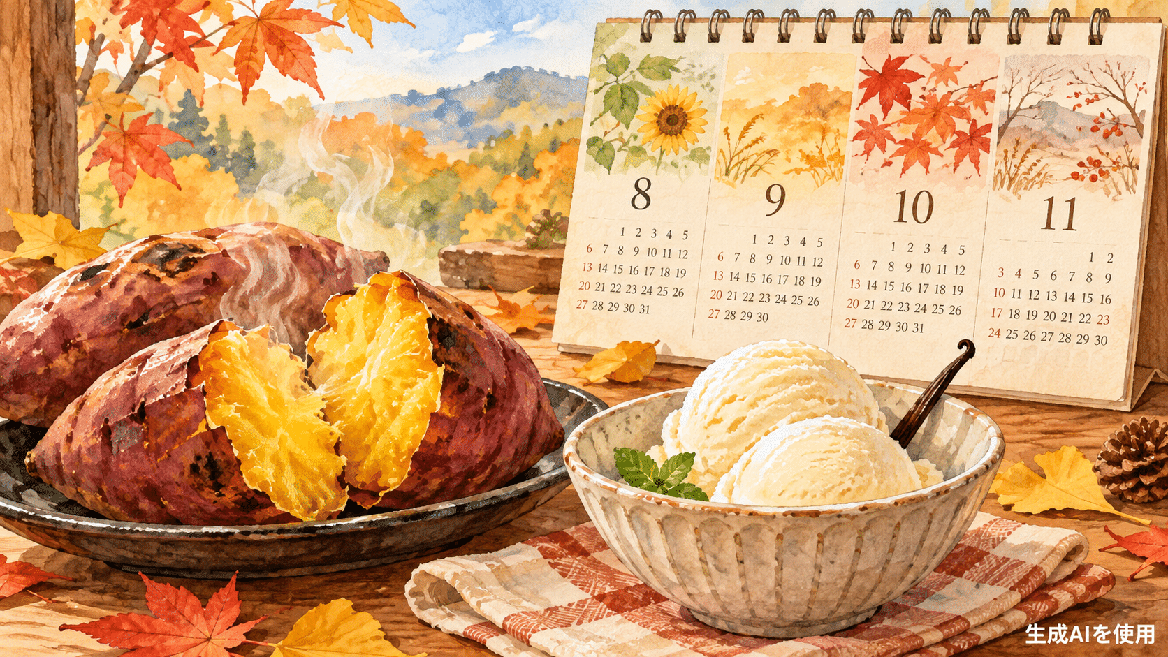 安納芋と秋の販売期間を表す水彩画風イラスト