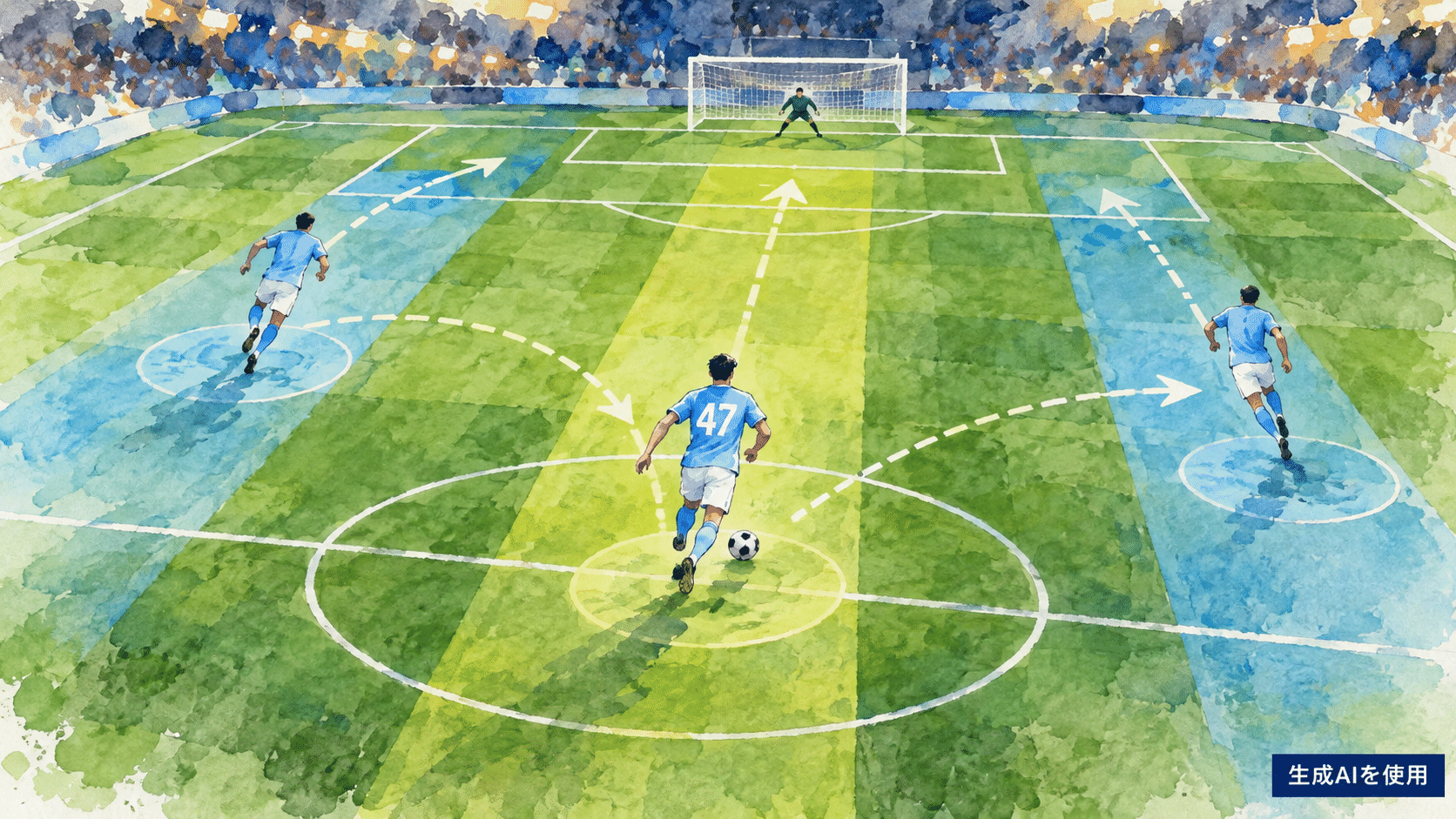 中央と両サイドを使うサッカー選手の動きを示す水彩画風イラスト