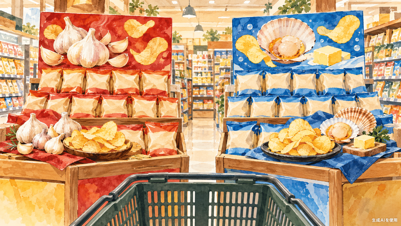 スーパーの売り場でにんにく醤油系とほたてバター系のポテトチップスを比較する水彩画風イラスト