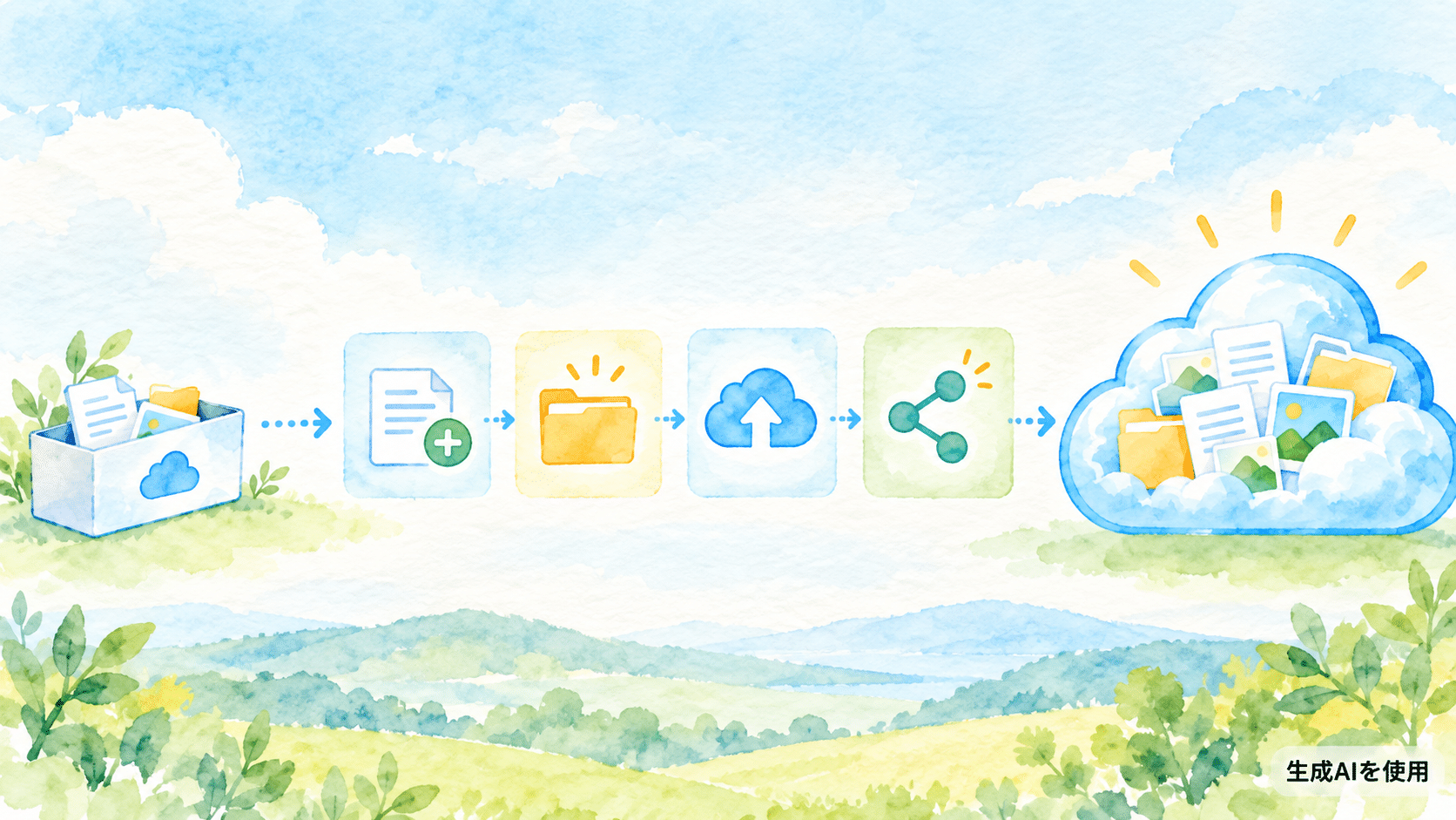 無料容量を増やすチャレンジの流れを表す水彩画風イラスト