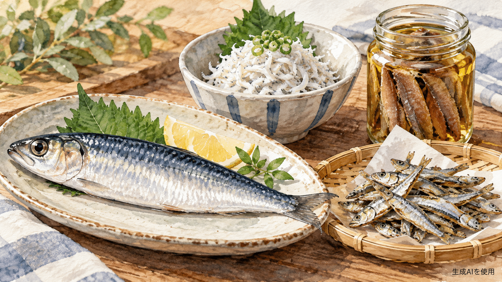 イワシとしらす・煮干し・アンチョビ風加工品の水彩画風イラスト