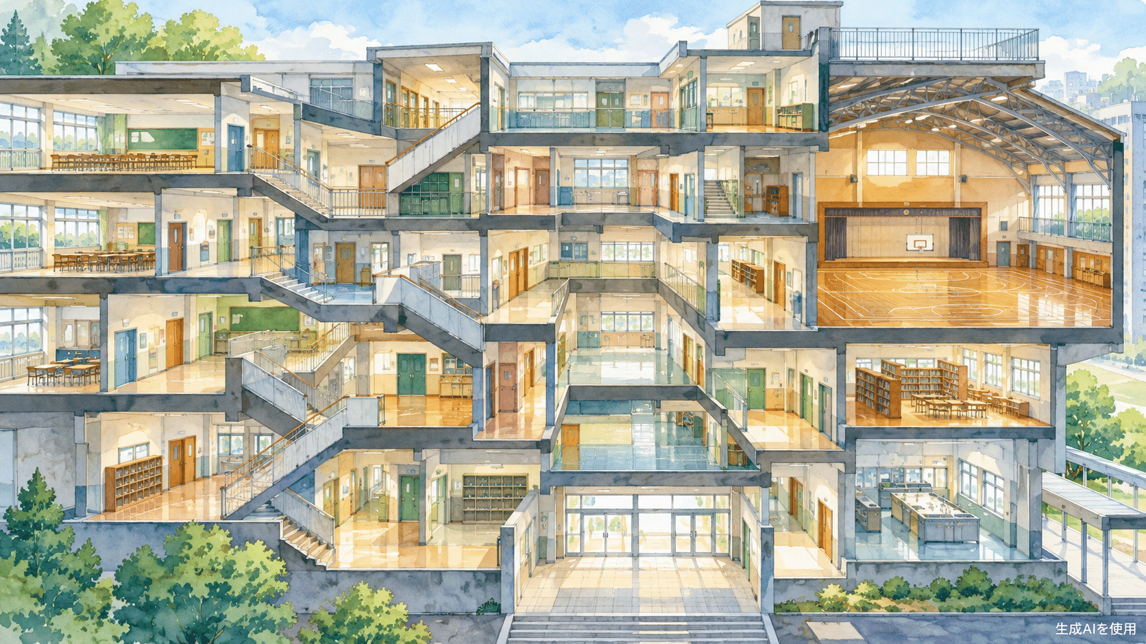 多層の学校校舎と階段を描いた水彩画風イラスト