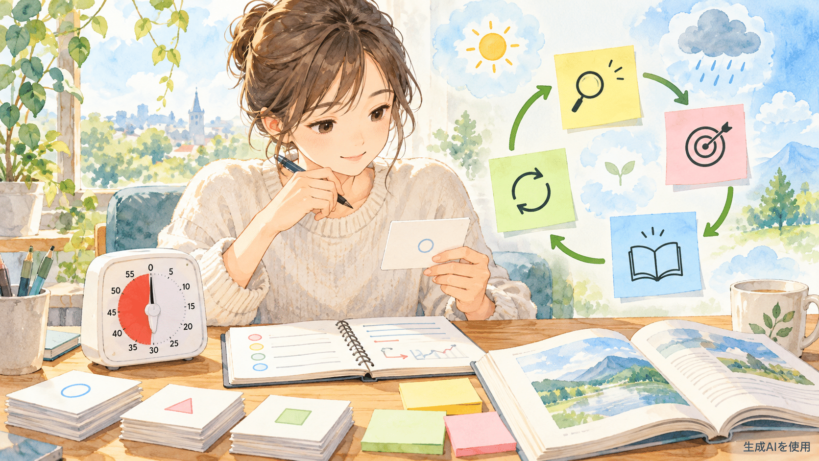 45分集中と復習を組み合わせた勉強サイクルの水彩画風イラスト