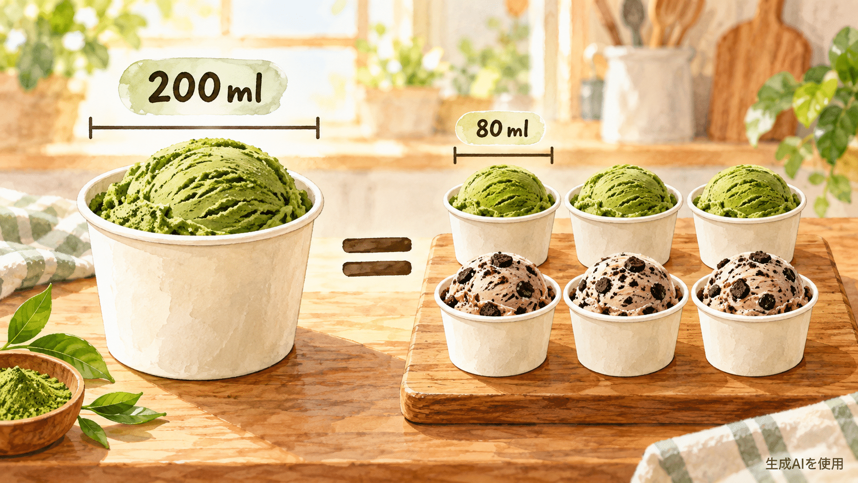抹茶アイス200mlと80mlミニ6個入りの容量を比べる水彩画風イラスト