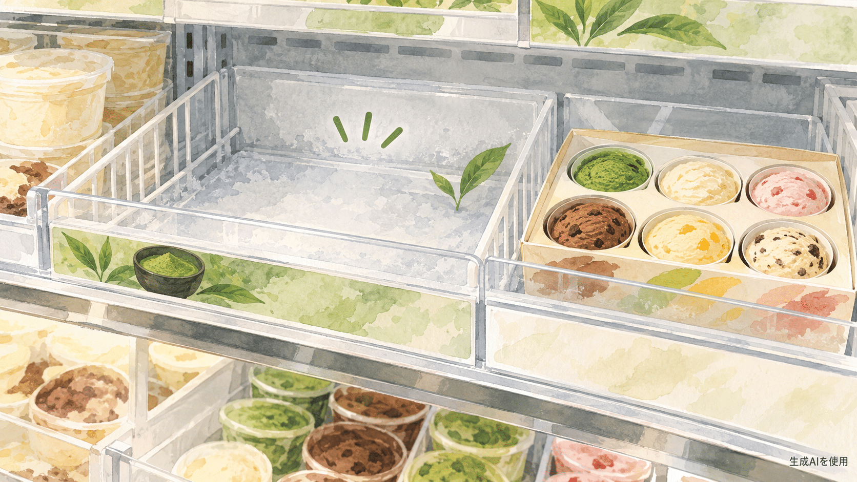 抹茶アイス200mlの空いた売り場とミニ商品を描いた水彩画風イラスト