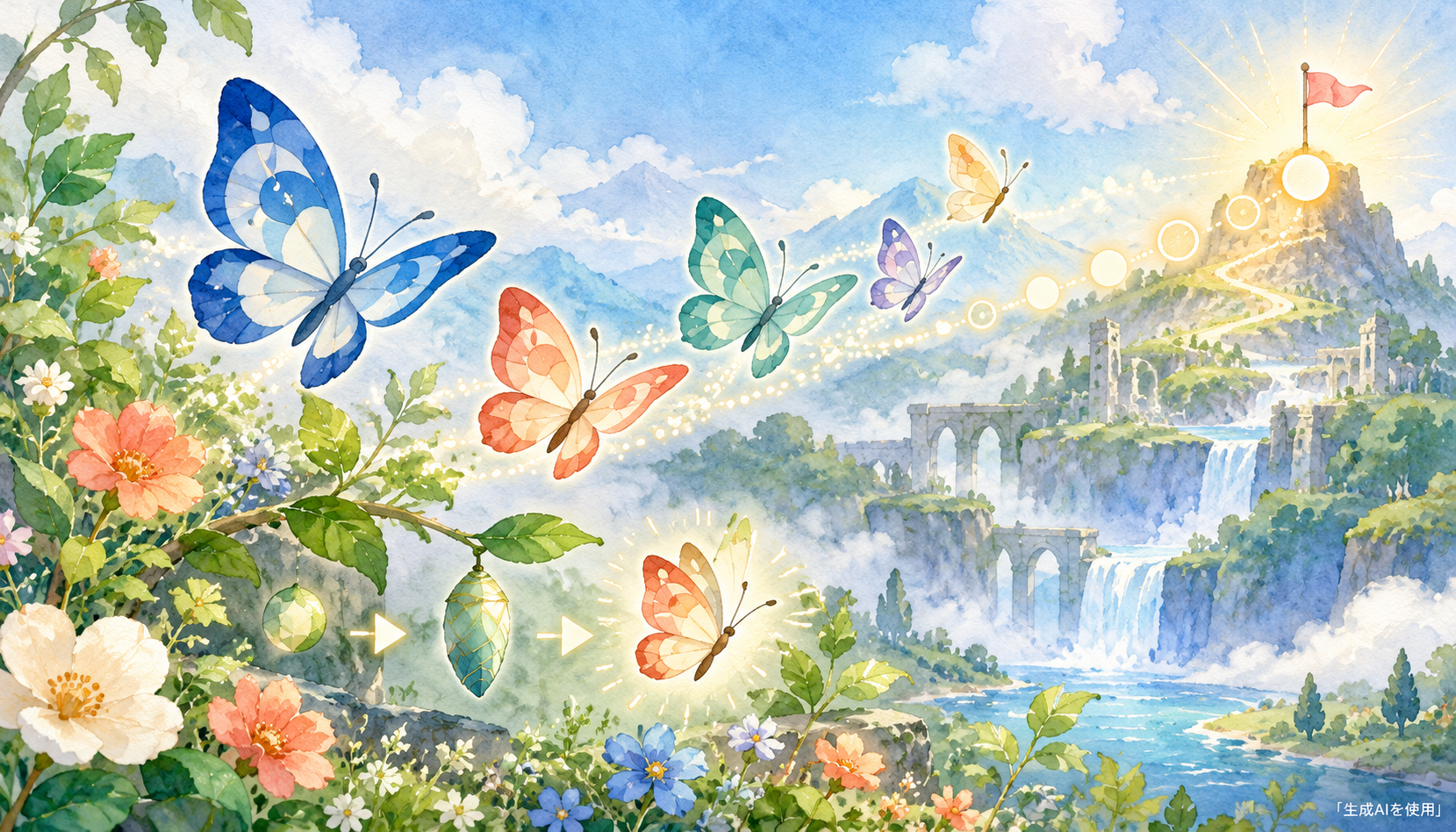 コフーライの進化と世界累計ポイントの達成を表した水彩画風AI画像