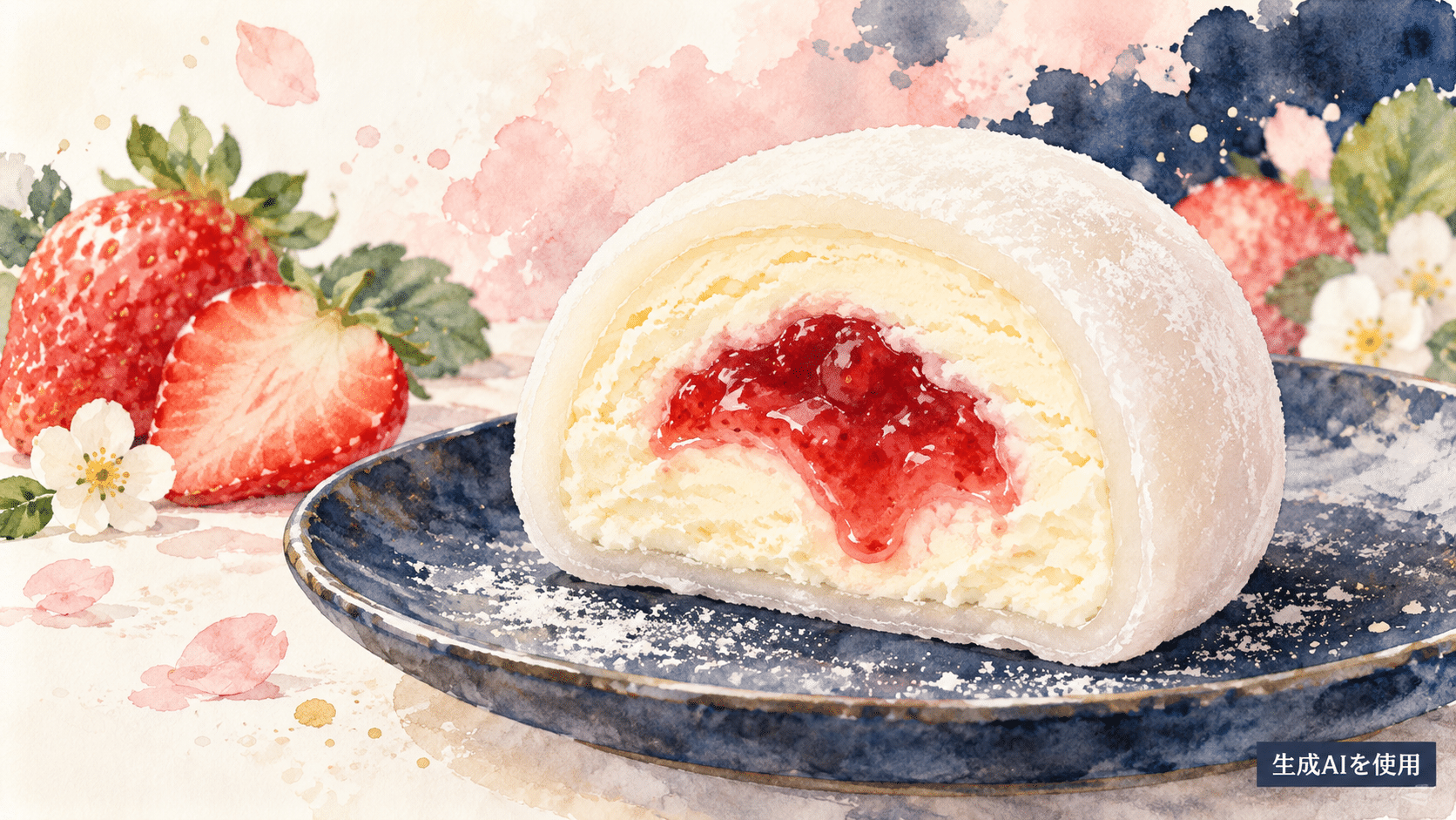 あまおう苺ソース・白いショコラアイス・おもちの3層を表す水彩画風イラスト