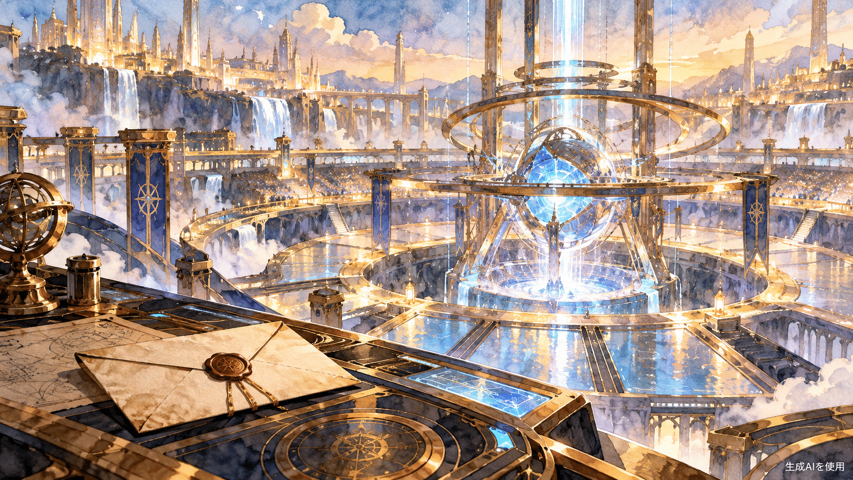 未来都市のゲームアリーナと封印された手紙を描いた水彩画