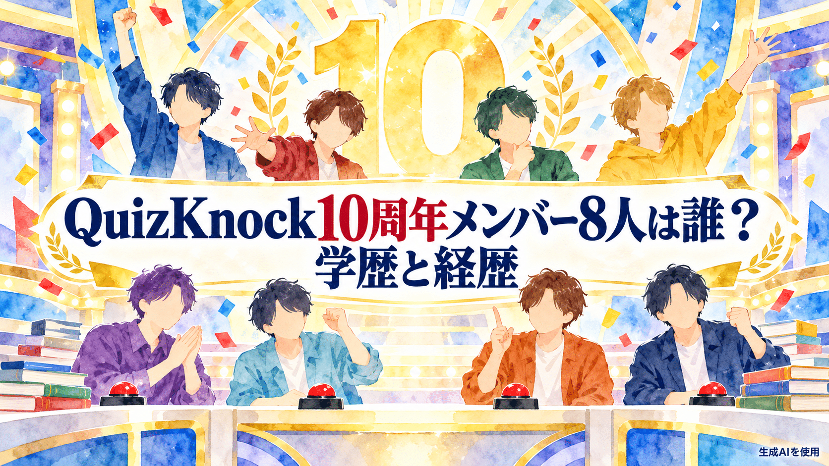 QuizKnock10周年メンバー8人の学歴と経歴を表す水彩画風イラスト