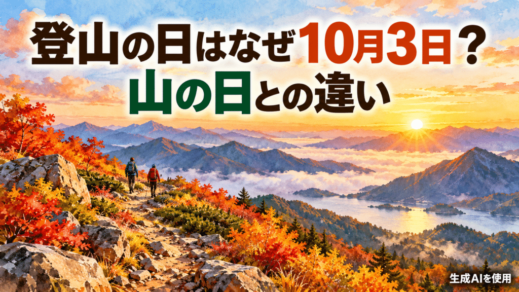 登山の日が10月3日である理由と山の日との違いを表す水彩画風イラスト