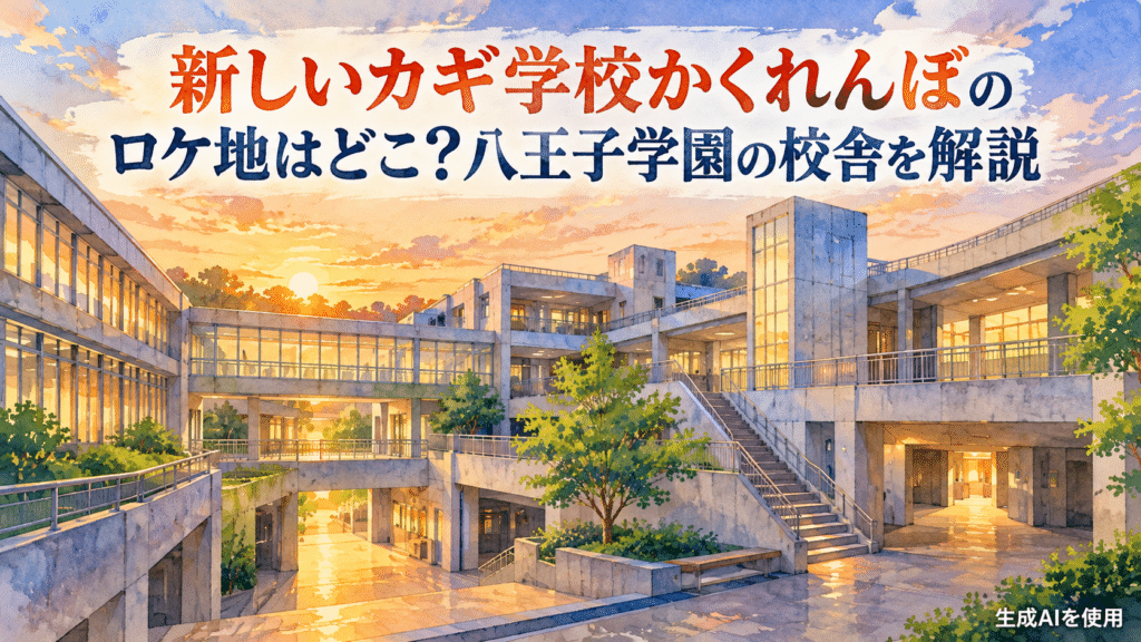 新しいカギ学校かくれんぼのロケ地と八王子学園の校舎を解説する水彩画風イラスト
