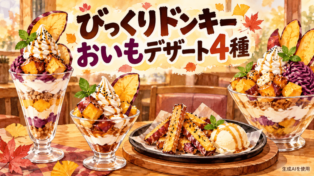 びっくりドンキーのおいもデザート4種類を描いた水彩画風イラスト