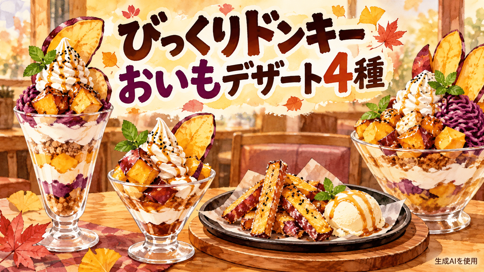 びっくりドンキーのおいもデザート4種類を描いた水彩画風イラスト