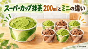 スーパーカップ抹茶の200mlとミニサイズの違いを描いた水彩画風イラスト
