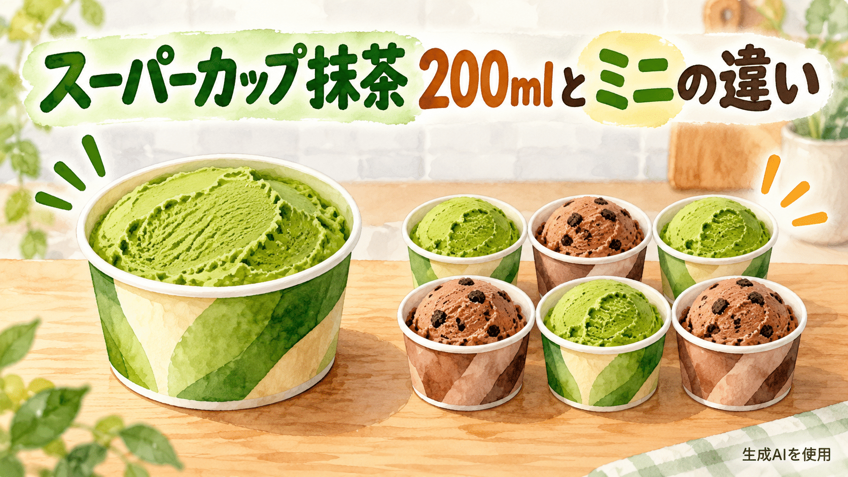 スーパーカップ抹茶の200mlとミニサイズの違いを描いた水彩画風イラスト