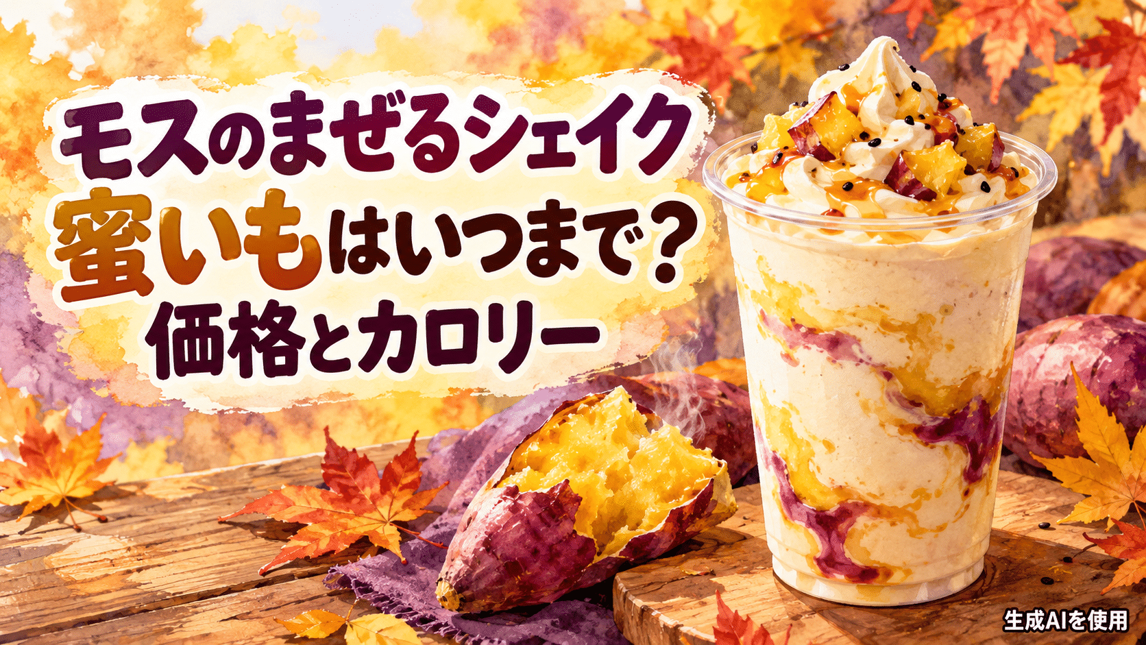 モスのまぜるシェイク蜜いもの販売期間・価格・カロリーを表す水彩画風イラスト