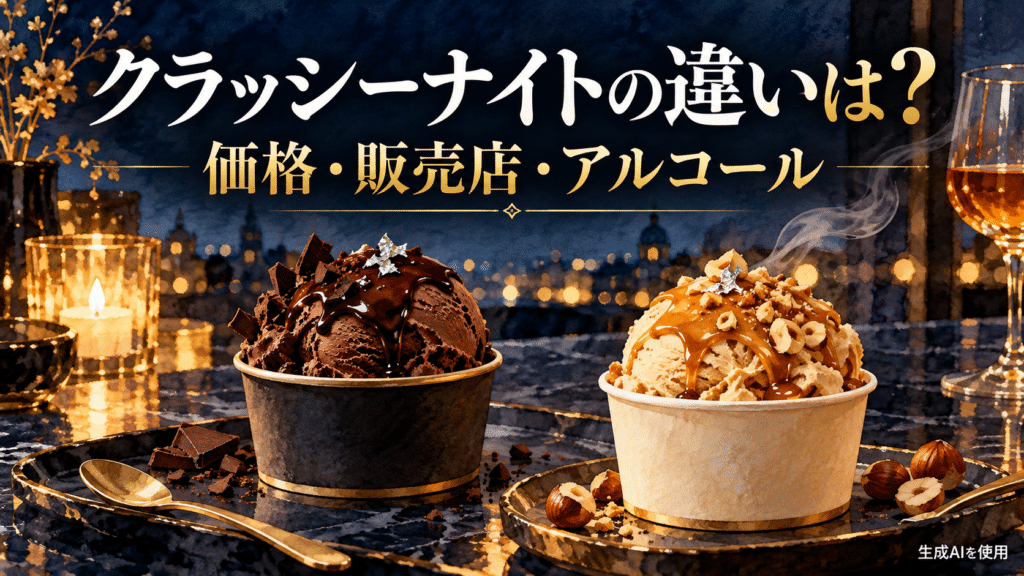 クラッシーナイト2種類の違いを表す水彩画風のチョコとキャラメルアイス