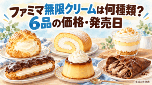 ファミマ無限クリーム6品の価格と発売日を表す水彩画風スイーツイラスト