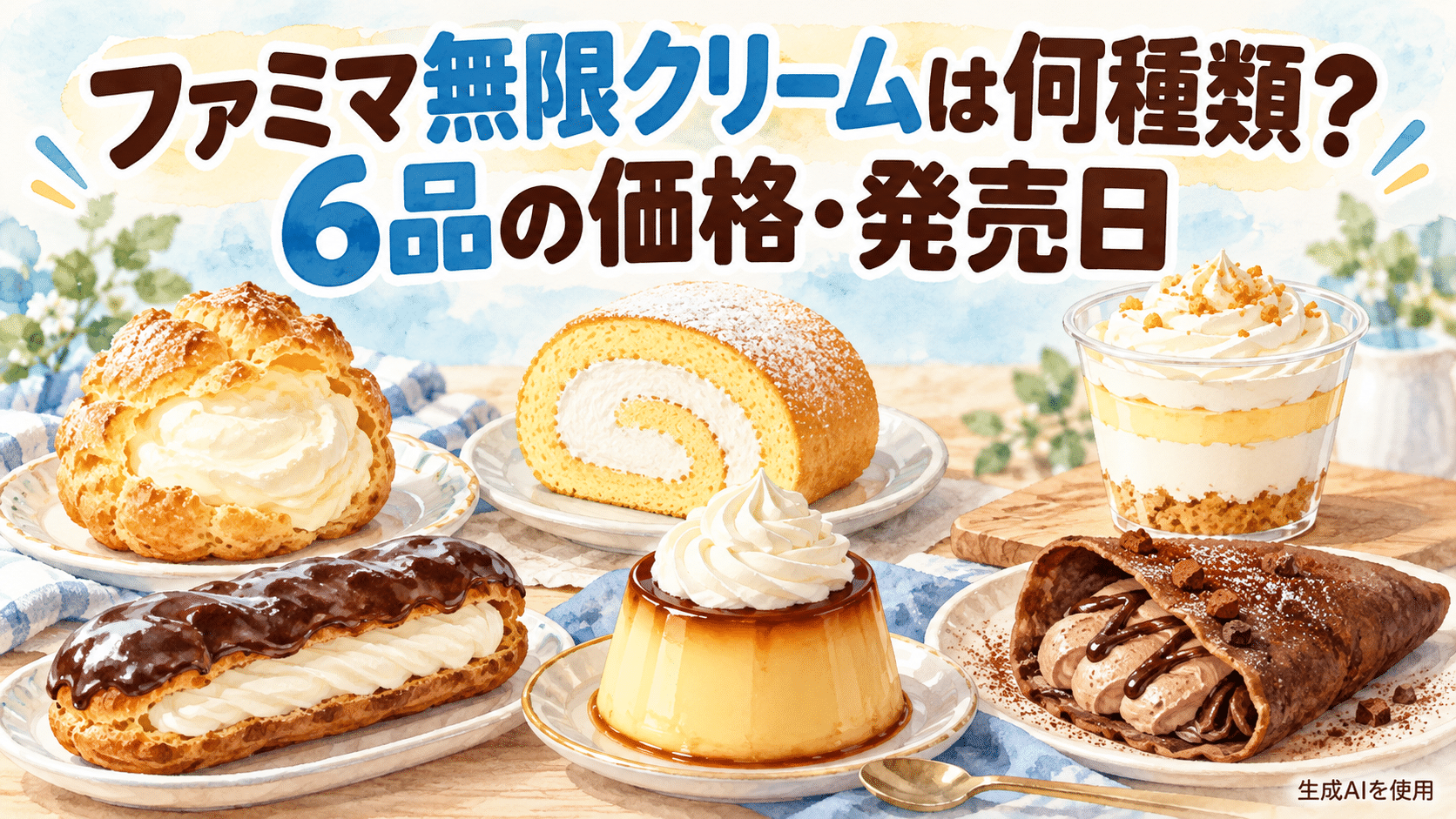 ファミマ無限クリーム6品の価格と発売日を表す水彩画風スイーツイラスト