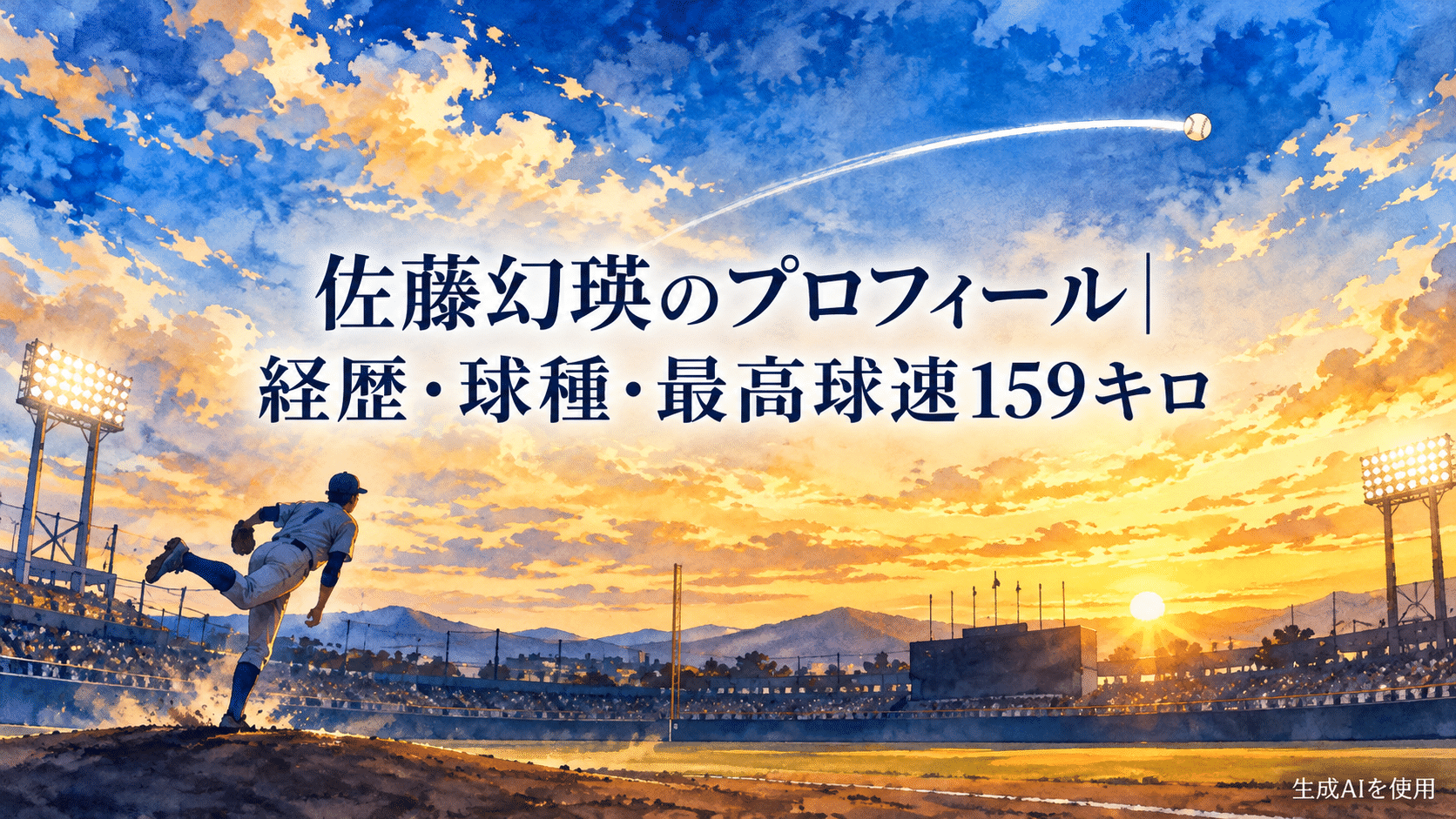 佐藤幻瑛のプロフィール・経歴・球種・最高球速159キロを示す水彩画風野球イラスト