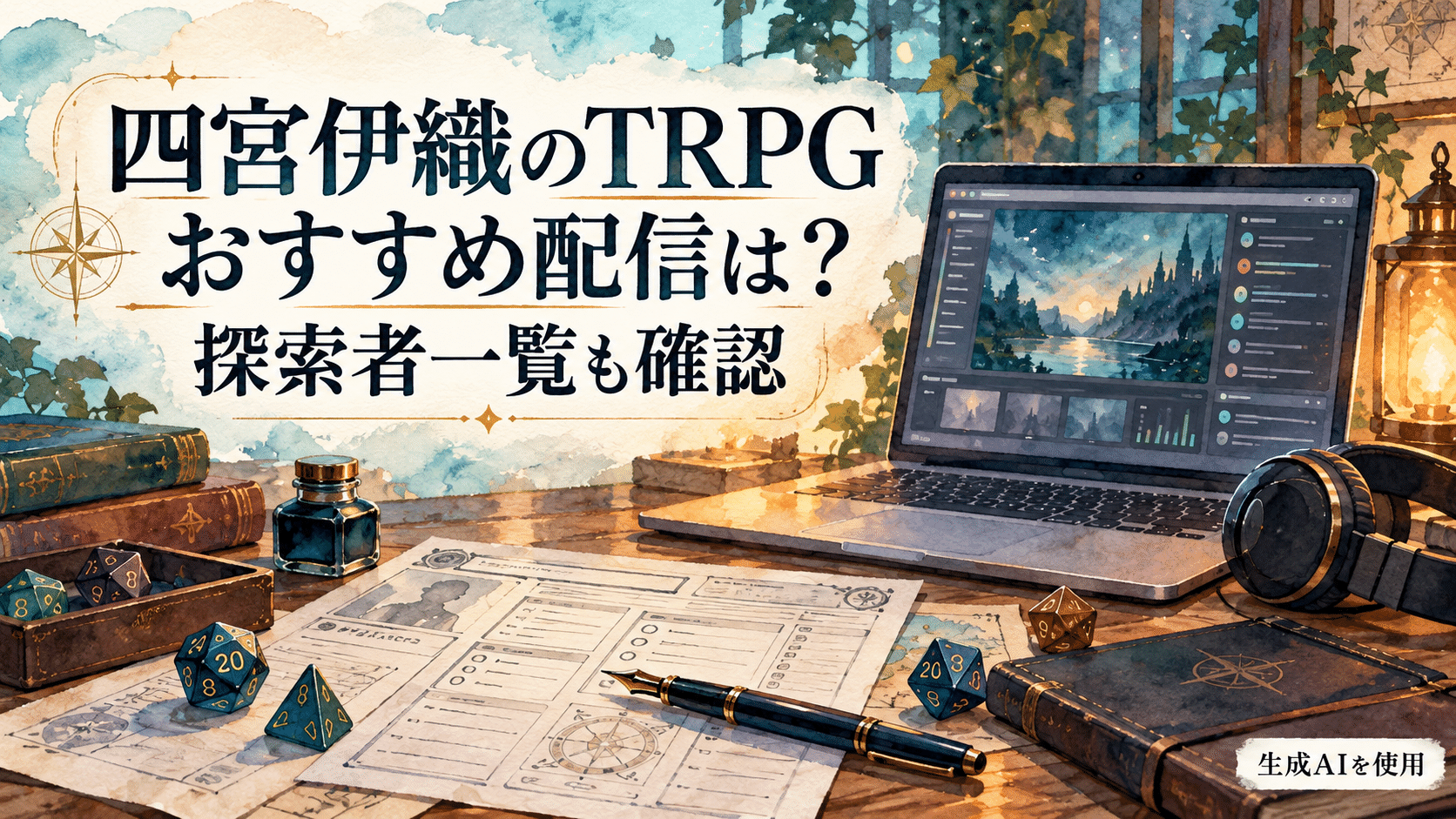 四宮伊織のTRPGおすすめ配信と探索者一覧をテーマにした水彩画風イラスト