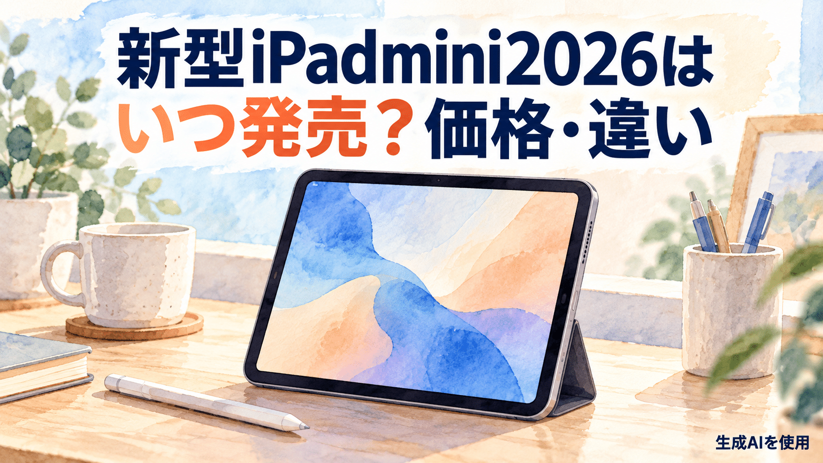 新型iPad mini 2026の発売日・価格・違いを案内する16対9の水彩画風イラスト