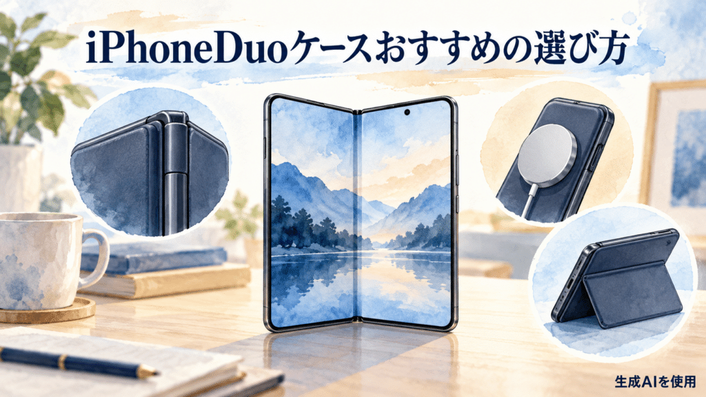 iPhone Duoケースのおすすめの選び方を示す16対9の水彩画風イラスト