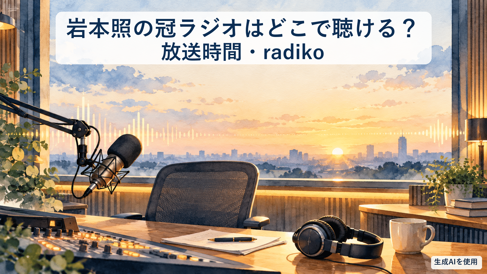 岩本照の冠ラジオの聴き方と放送時間を表す人物のいないラジオスタジオの水彩画風イラスト
