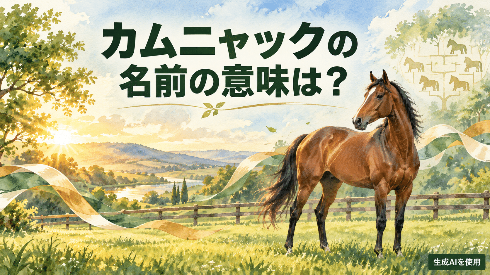 カムニャックの名前の意味を表す水彩画風の架空の競走馬
