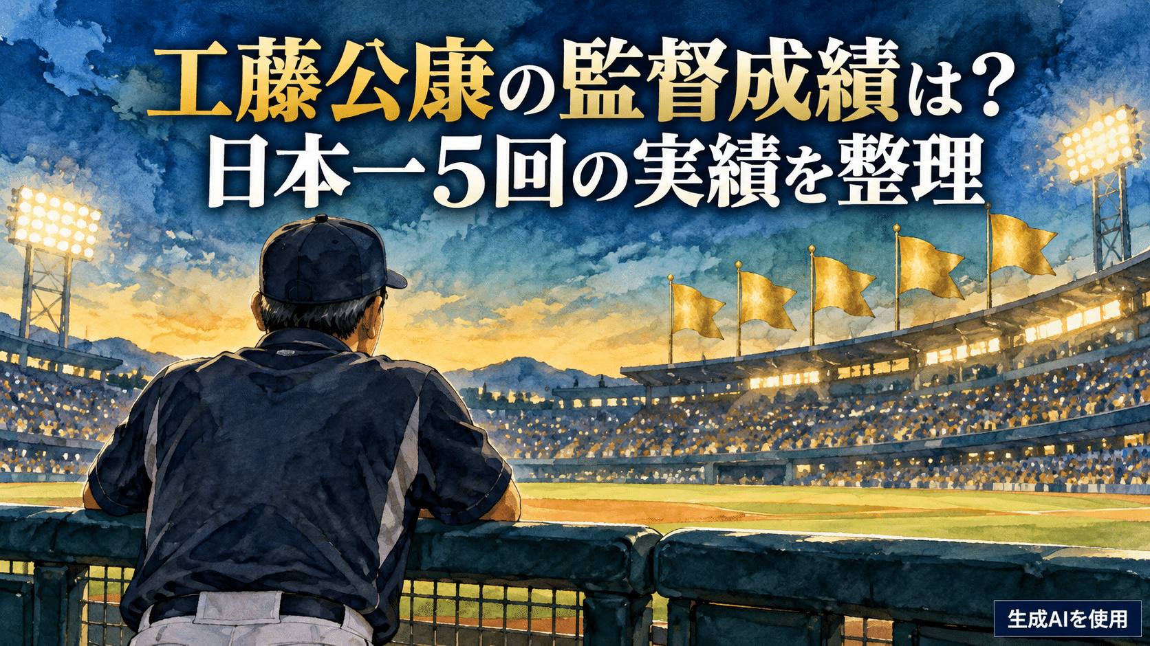 工藤公康の監督成績と日本一5回の実績を表す水彩画風イラスト
