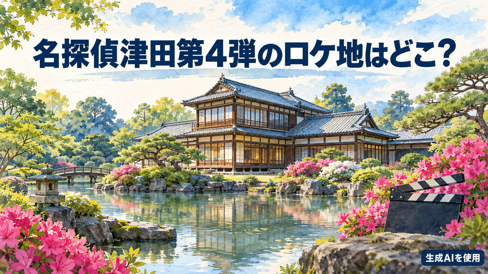 名探偵津田第4弾のロケ地を表す水彩画風の日本庭園と歴史的建物