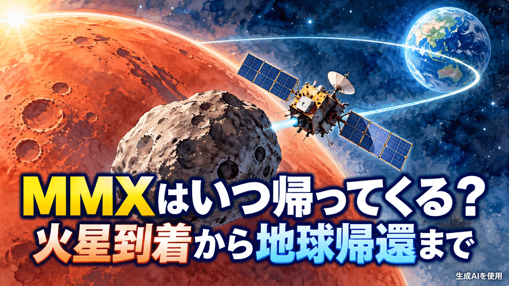 MMXの火星到着から地球帰還までを表す16対9の水彩画風イラスト