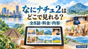 なにナチュ2の視聴先・全8話・料金・内容を示す水彩画風イラスト