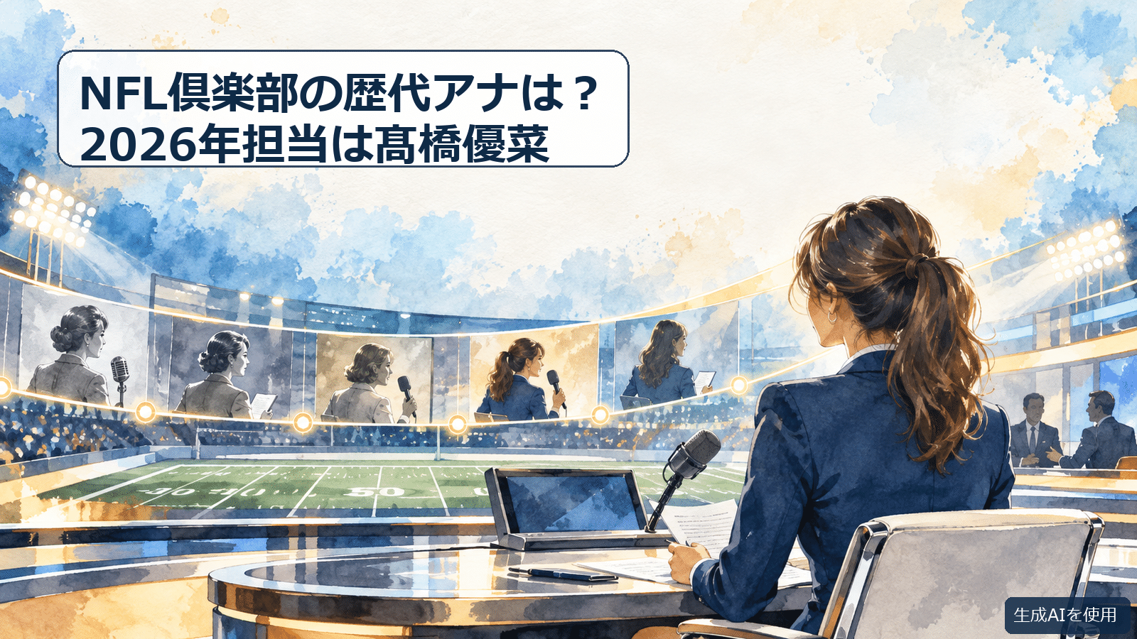 NFL倶楽部の歴代アナと2026年担当を表す水彩画風イラスト