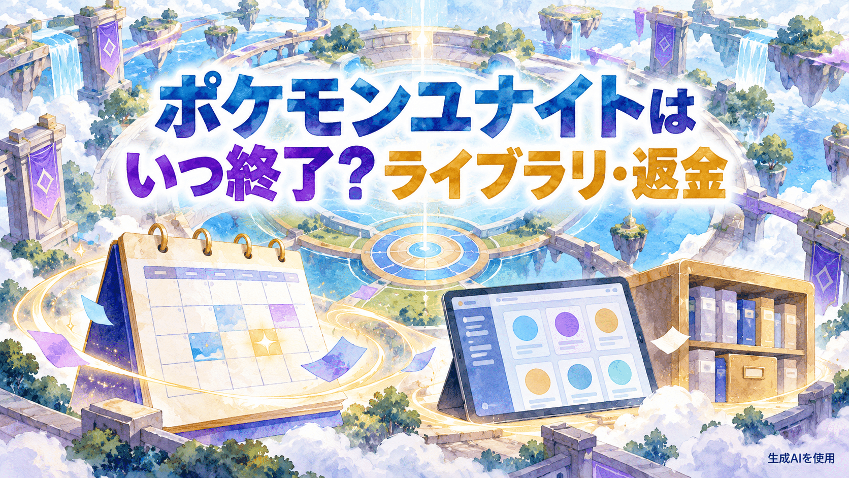 ポケモンユナイトの終了日とライブラリ・返金を案内する16対9の水彩画風イラスト