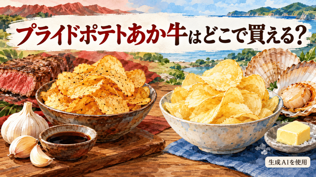プライドポテトあか牛とほたての違いを表す水彩画風のポテトチップス